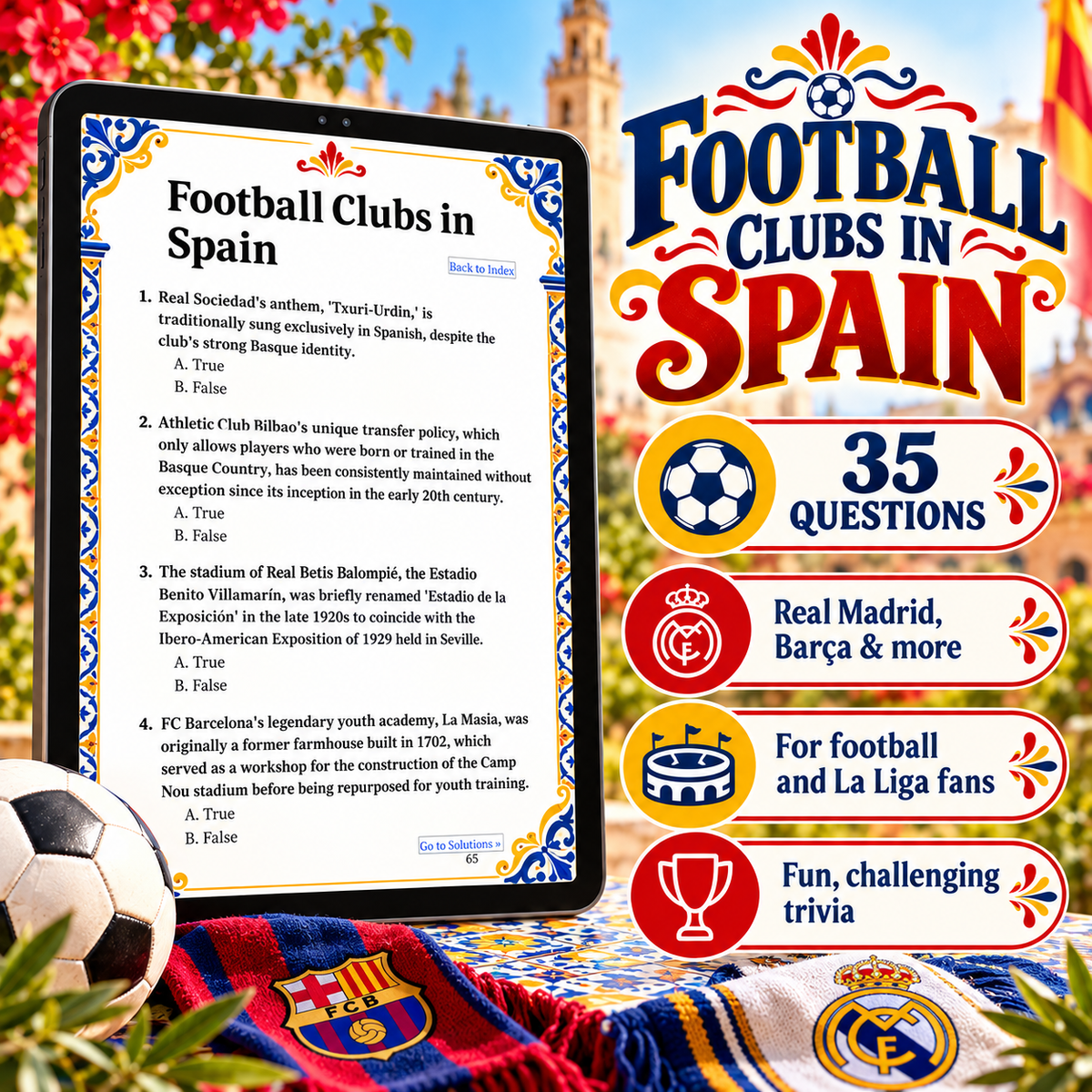 A digital quiz cover for 'Football Clubs in Spain' displayed on a tablet screen mockup, featuring a soccer ball and a striped background with red and blue accents. The text highlights '35 Questions' and includes icons for 'Real Madrid', 'Barca', 'Liga', and 'Fun, challenging trivia'.