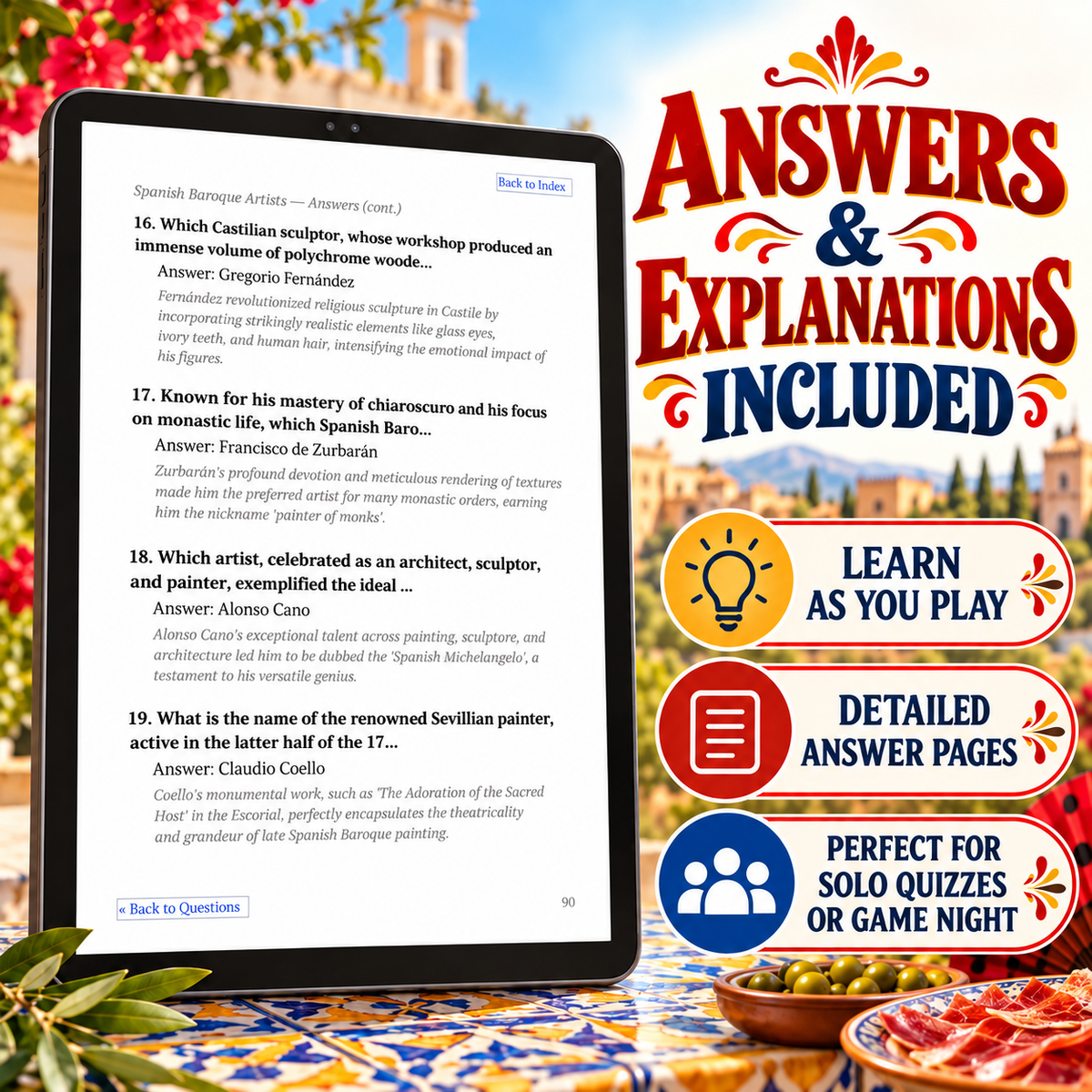 A tablet displaying a Spanish-language quiz book cover or question page, surrounded by bold promotional text reading 'Answers & Explanations Included' and 'Learn as You Play,' with bowls of food and a red patterned cloth in the background.