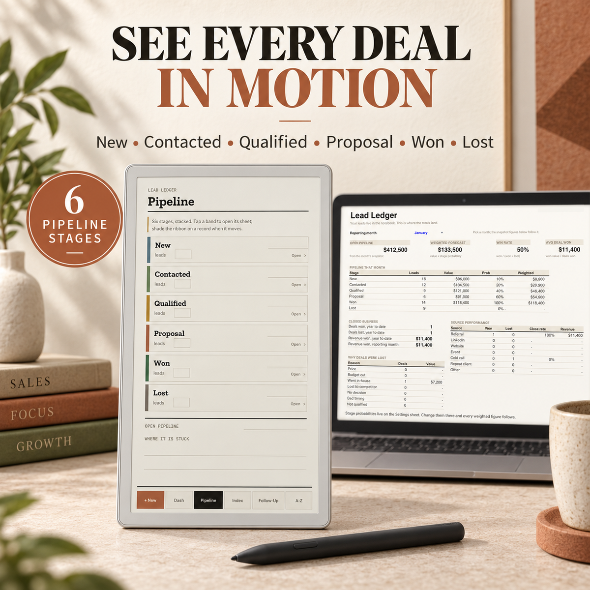 Lead Tracker for reMarkable Paper Pro Move | Lead Ledger CRM