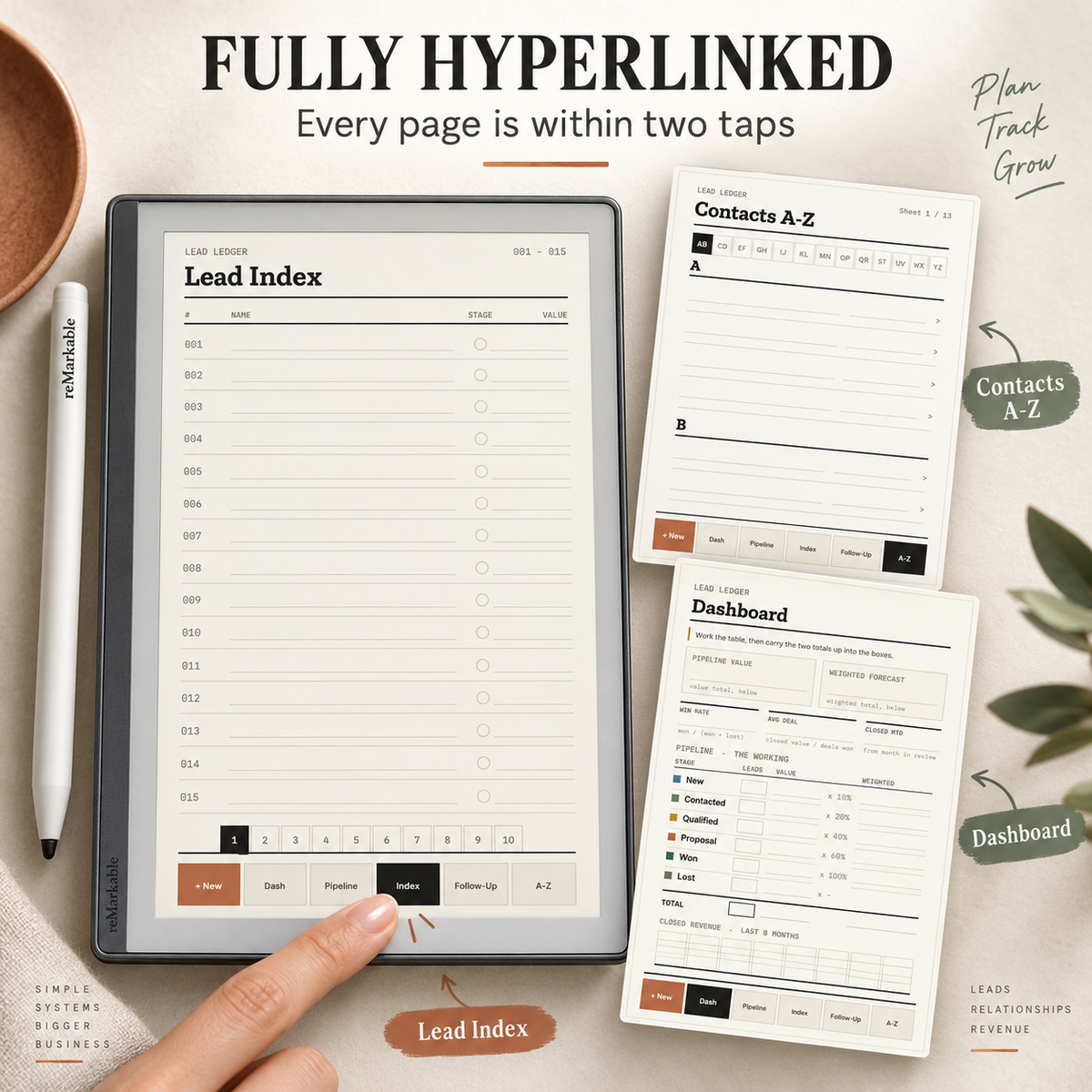 Lead Tracker for reMarkable Paper Pro Move | Lead Ledger CRM