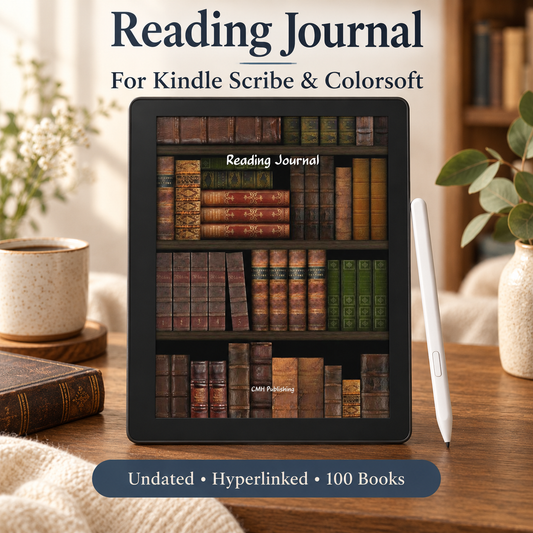 Kindle Scribe device stands on a wooden table, labeled 'Reading Journal.' CMH Publishing. 