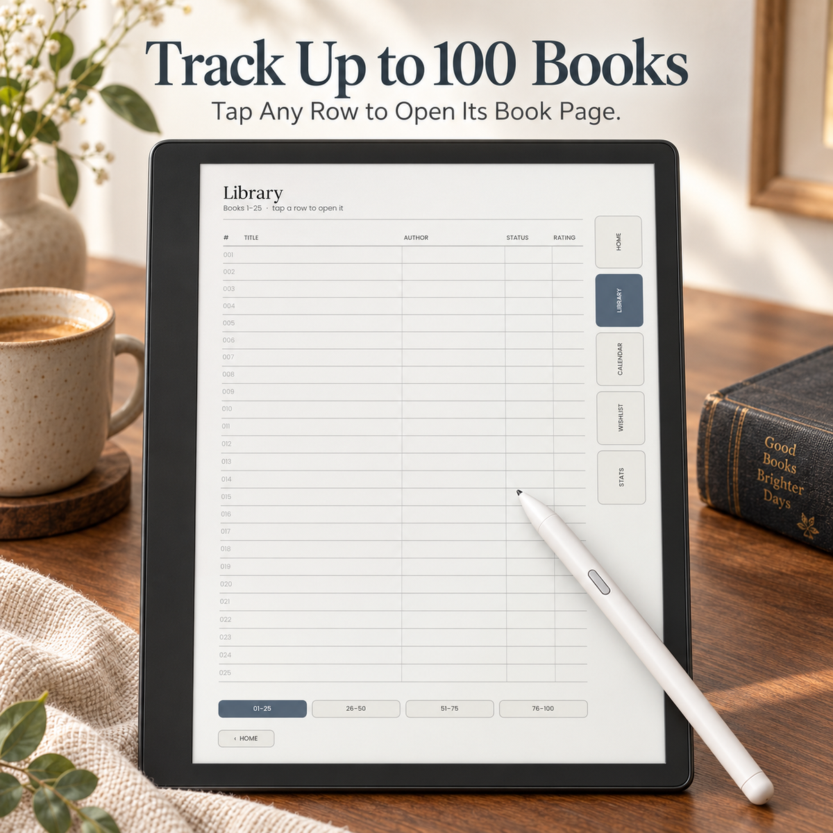 A tablet on a wooden desk displaying a library book tracking interface, with a white stylus pen placed beside it. 