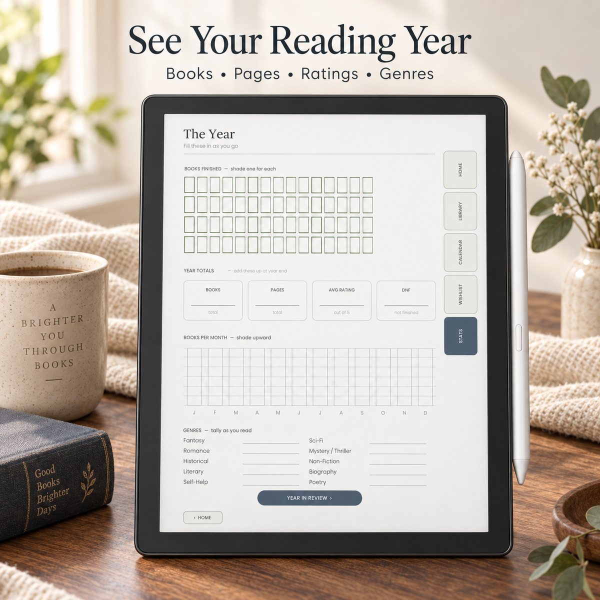 A tablet on a wooden table displaying a reading tracker interface by CMH Publishing