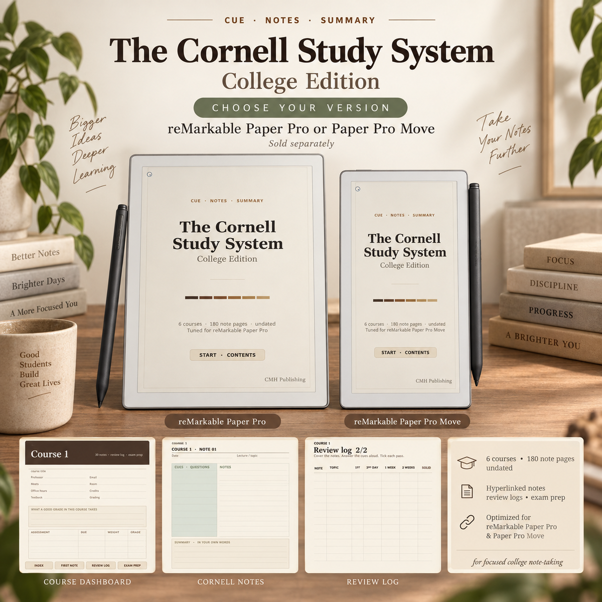 Cornell Notebook for reMarkable Paper Pro & Paper Pro Move | Hyperlinked College Study Notes, Course Organizer & Exam Prep