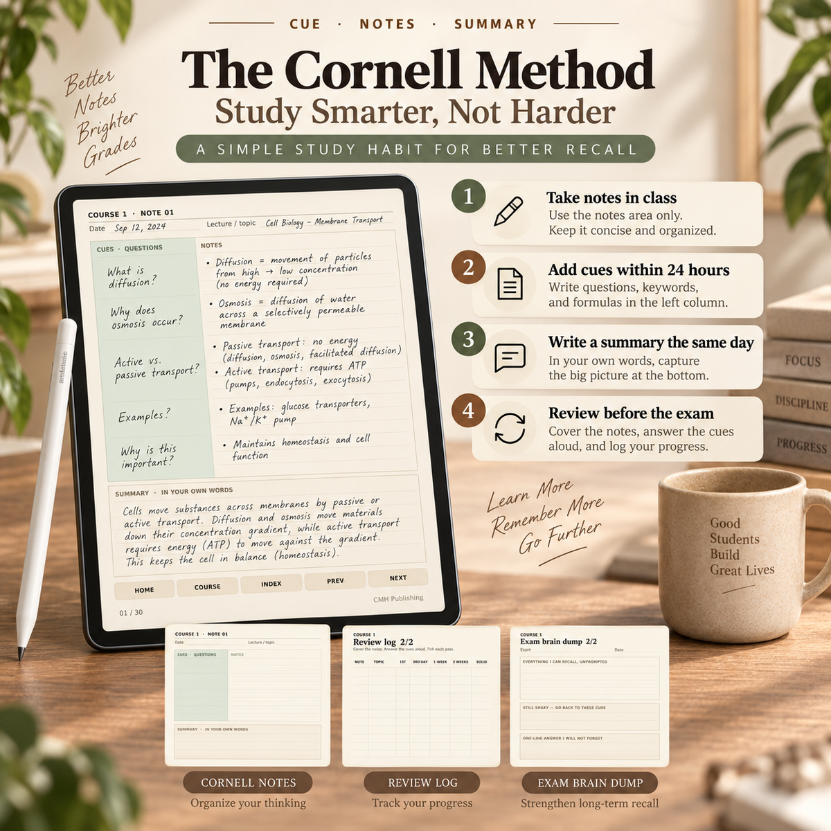 Cornell Notebook for reMarkable Paper Pro & Paper Pro Move | Hyperlinked College Study Notes, Course Organizer & Exam Prep