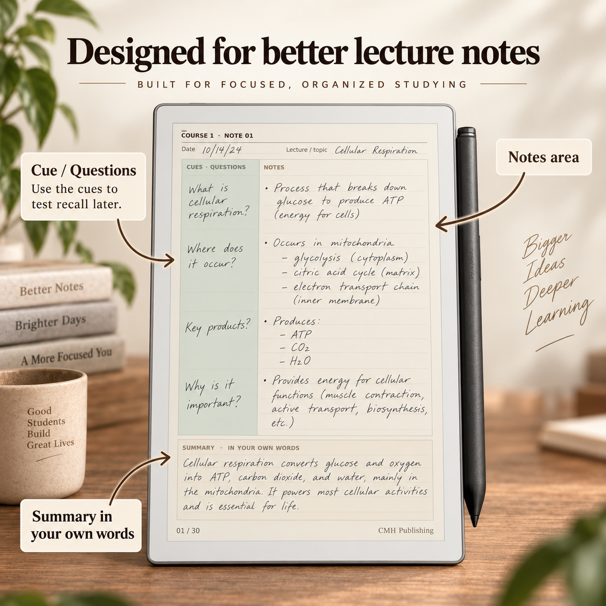 Cornell Notebook for reMarkable Paper Pro & Paper Pro Move | Hyperlinked College Study Notes, Course Organizer & Exam Prep