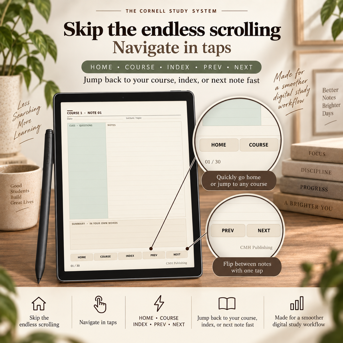 Cornell Notebook for reMarkable Paper Pro & Paper Pro Move | Hyperlinked College Study Notes, Course Organizer & Exam Prep