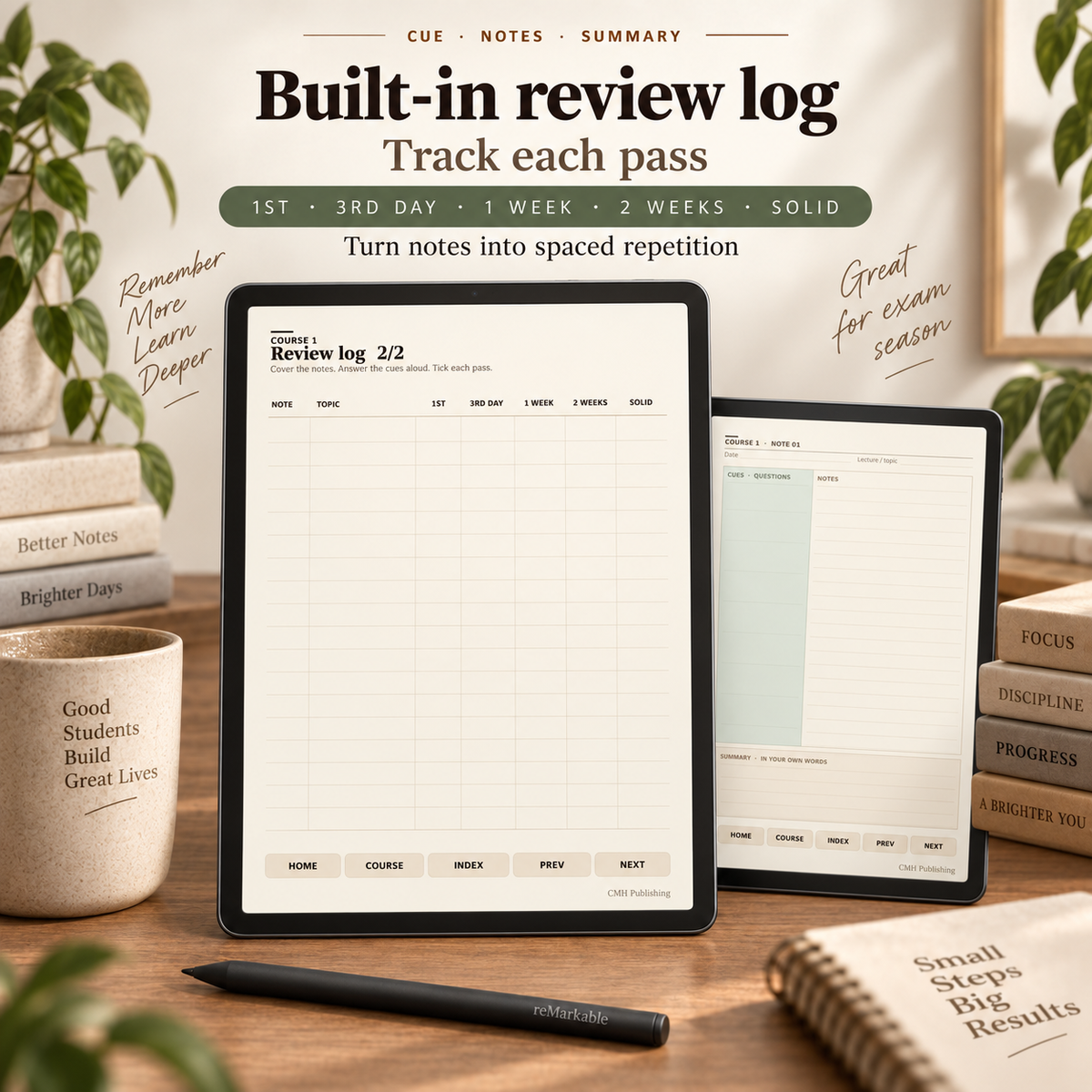 Cornell Notebook for reMarkable Paper Pro & Paper Pro Move | Hyperlinked College Study Notes, Course Organizer & Exam Prep