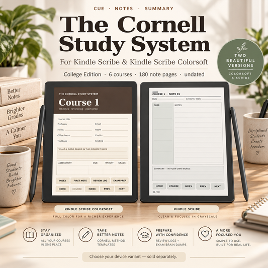 Promotional graphic for The Cornell Study System digital notebook, showing two tablet devices displaying the study system interface on a wooden desk with books, mugs, and stationery in the background.