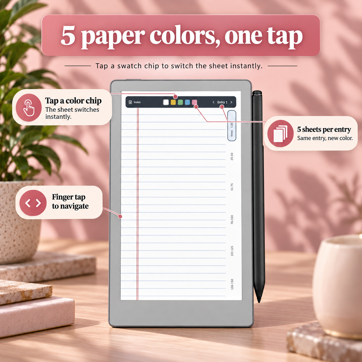 A digital tablet with a lined writing page shown on a wooden desk, alongside a stylus pen and callout labels explaining touch navigation and paper color switching. The top banner reads '5 paper colors, one tap' and the image uses a styled desk background with a plant and cup.