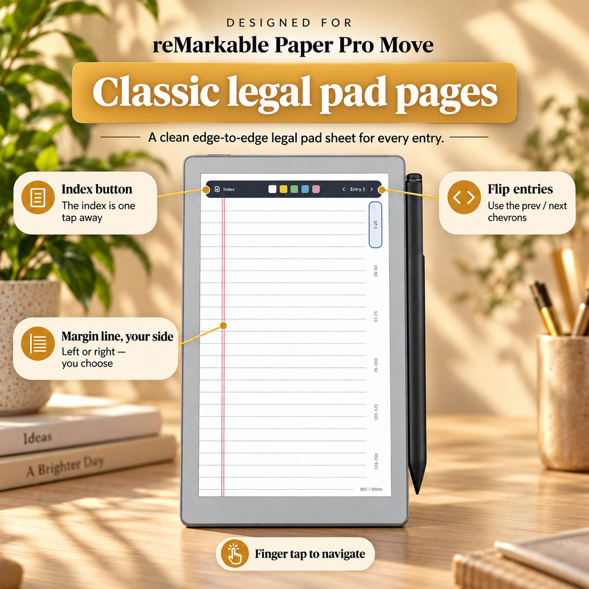 A digital mockup of a tablet displaying a lined legal pad page with callout labels explaining features like the index button, margin line, and flip entries, set on a desk with a stylus and surrounded by soft-focus office decor.