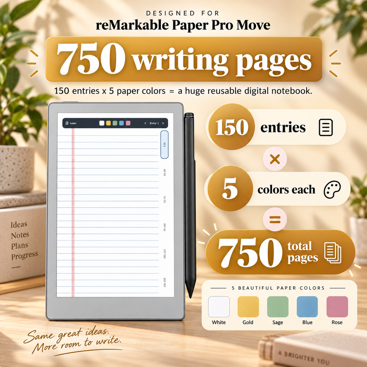 a digital notebook app showing a tablet with lined writing pages, a stylus, and text stating 750 writing pages, 150 entries x 5 paper colors, and 750 total pages. A row of paper color swatches appears at the bottom on a warm beige background with decorative props.