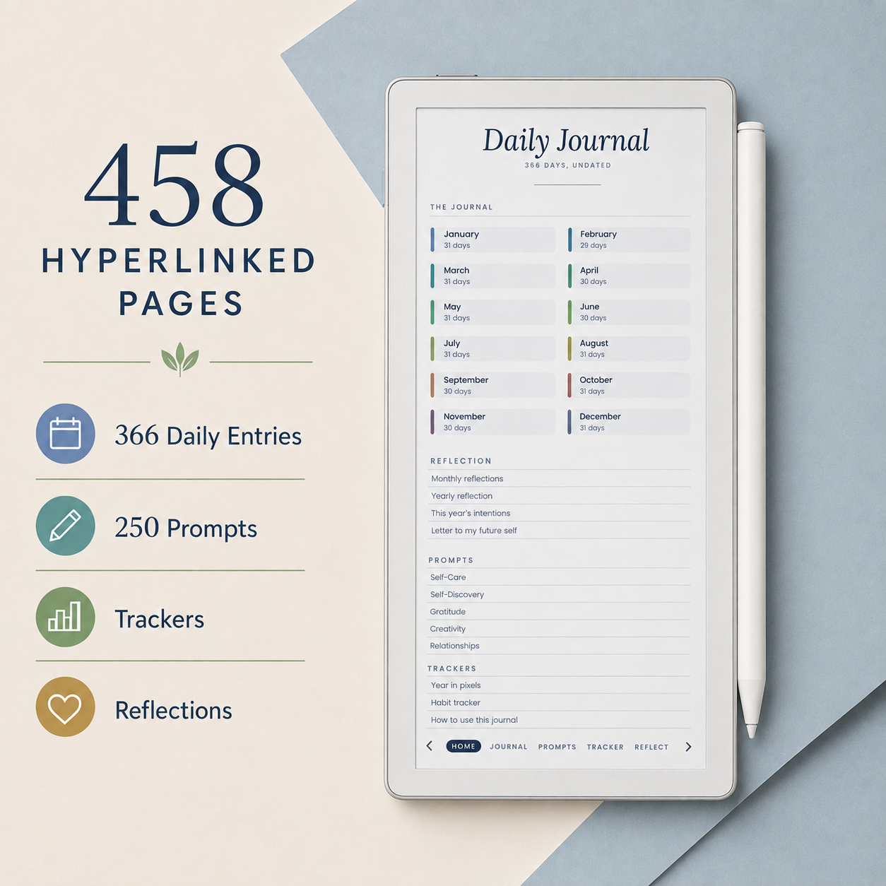 Undated Daily Journal for reMarkable Paper Pro Move – Hyperlinked 366-Day Digital Journal with 250 Guided Prompts