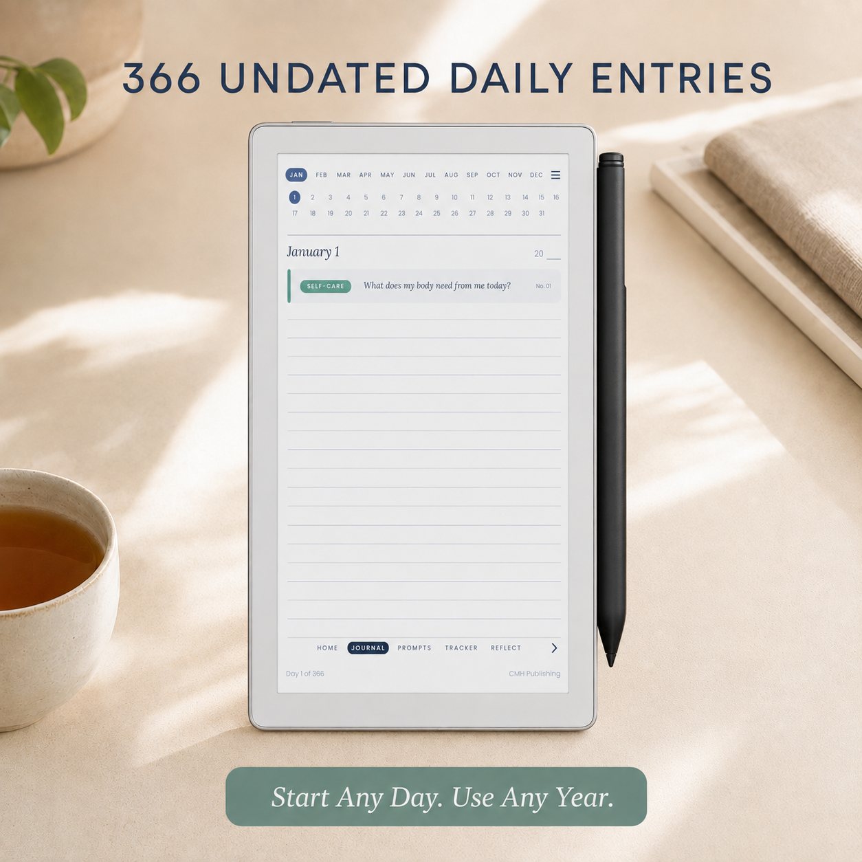 Undated Daily Journal for reMarkable Paper Pro Move – Hyperlinked 366-Day Digital Journal with 250 Guided Prompts