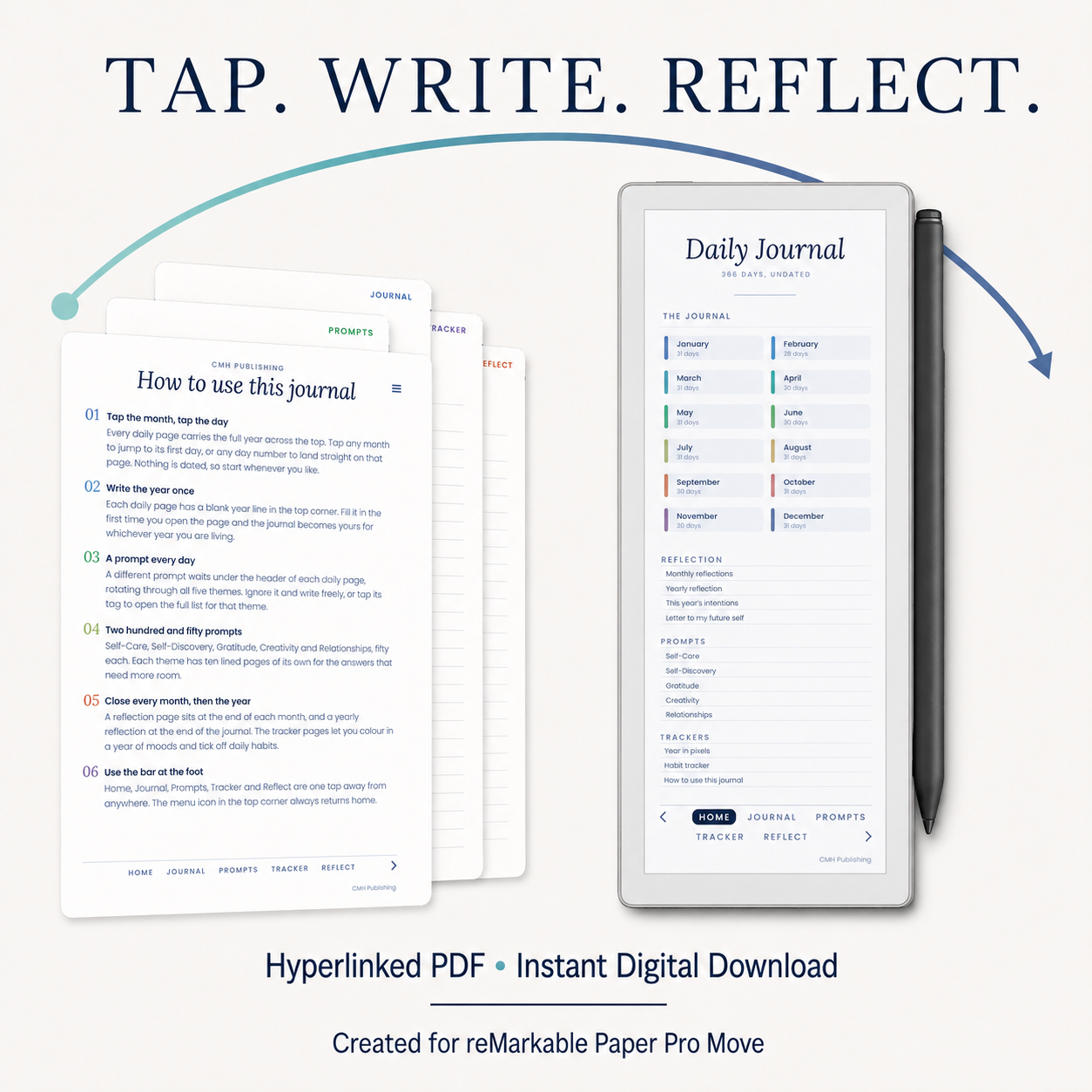 Undated Daily Journal for reMarkable Paper Pro Move – Hyperlinked 366-Day Digital Journal with 250 Guided Prompts