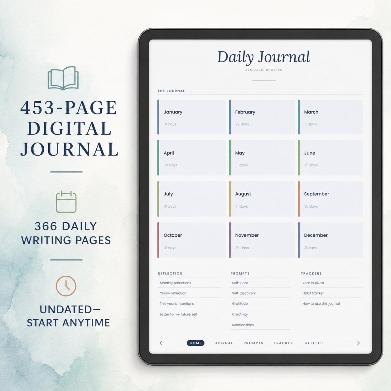Digital Daily Journal for reMarkable Paper Pro – Undated Hyperlinked Journal with 366 Daily Pages and 250 Guided Prompts