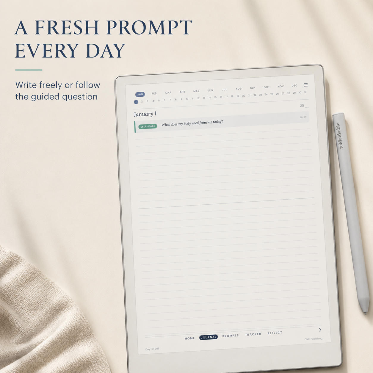 Digital Daily Journal for reMarkable Paper Pro – Undated Hyperlinked Journal with 366 Daily Pages and 250 Guided Prompts