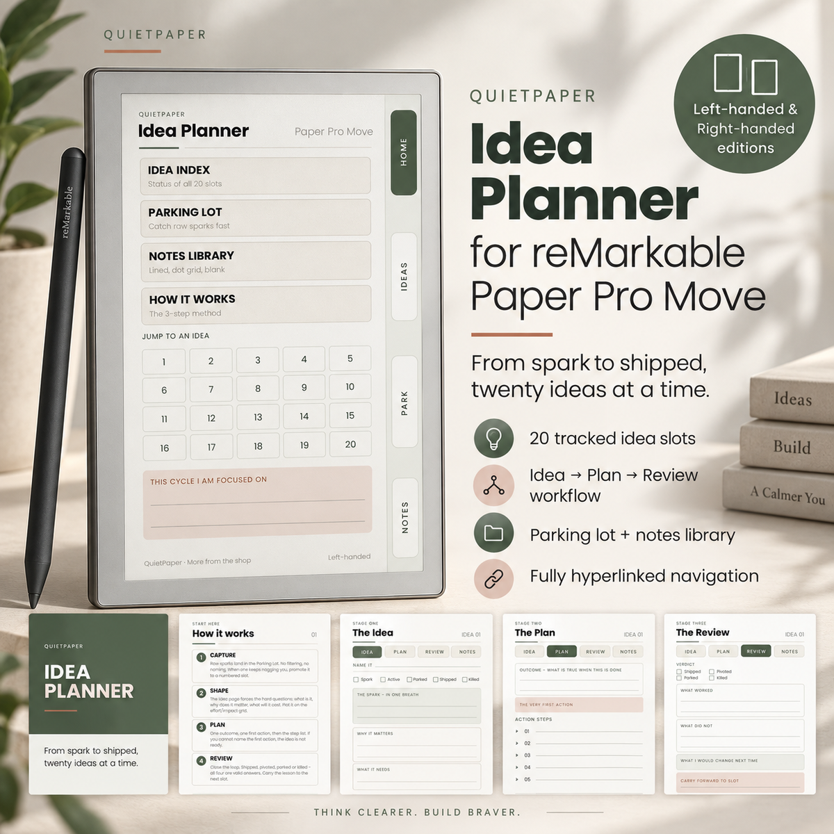 QuietPaper Idea Planner digital planner template, shown on an e-reader screen alongside a stylus, with feature callouts and preview pages on a soft neutral background.