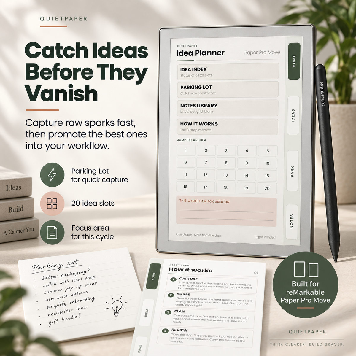 A Quiet Paper Paper Pro Move Idea Planner digital planner displayed on a tablet screen, shown alongside a black stylus