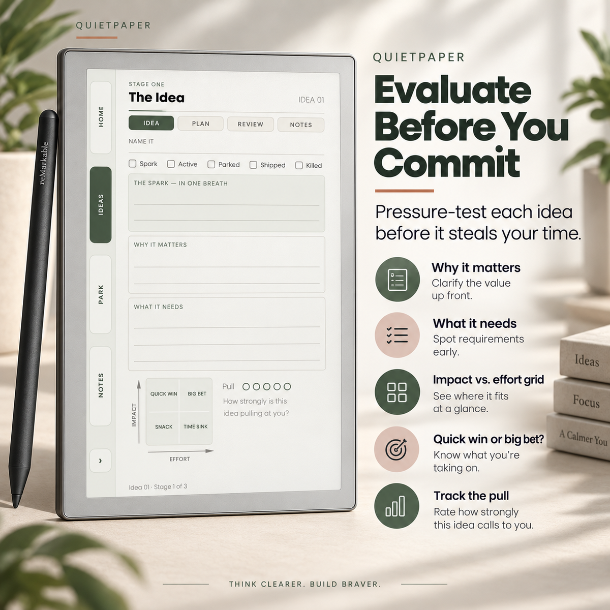 A tablet device displaying a productivity planning app interface, shown alongside a stylus on a light neutral background with decorative text and small books reading 'Ideas'. 
