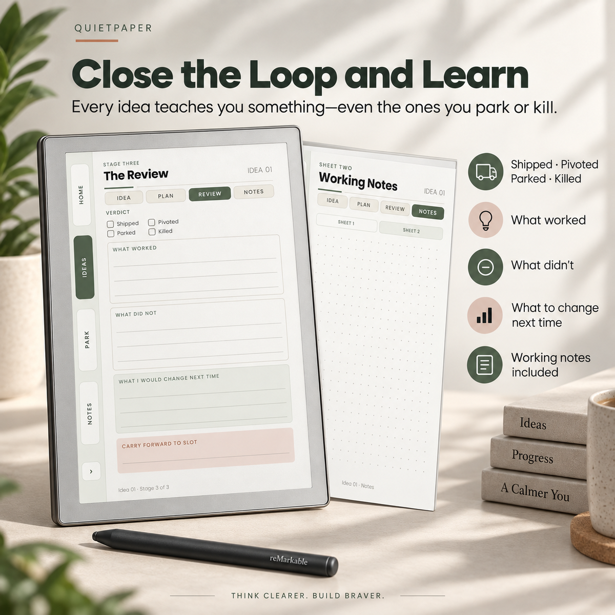 A digital planner template shown on a tablet screen alongside a physical matching notebook, styled on a tabletop with a stylus, books, and a mug. The branding 'QUIETPAPER' is visible at the top left, and marketing text on the right lists features like 'Pivoted Parked Killed' and 'What worked'.