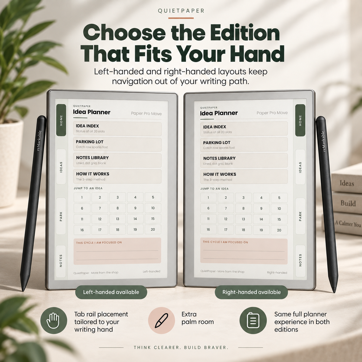 Two digital planner templates displayed on tablet screens, flanked by two black stylus pens, with marketing text reading 'Choose the Edition That Fits Your Hand' and feature callouts for left-handed and right-handed layouts on a softly styled background.