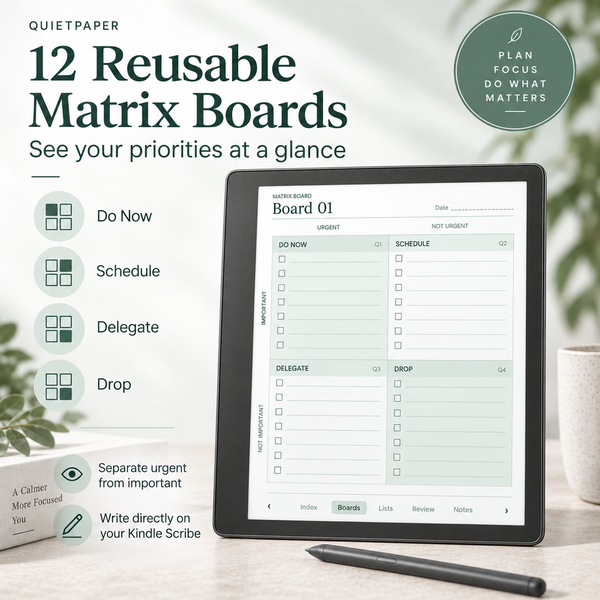 Eisenhower Matrix for Kindle Scribe | Hyperlinked Productivity & Priority Planner