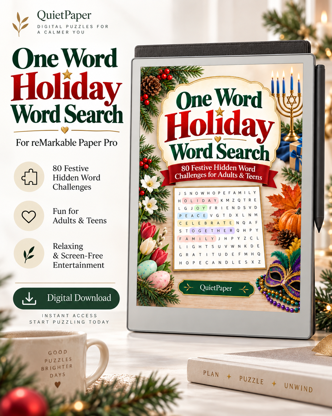 Holiday One Word Word Search reMarkable Paper Pro Puzzle Book