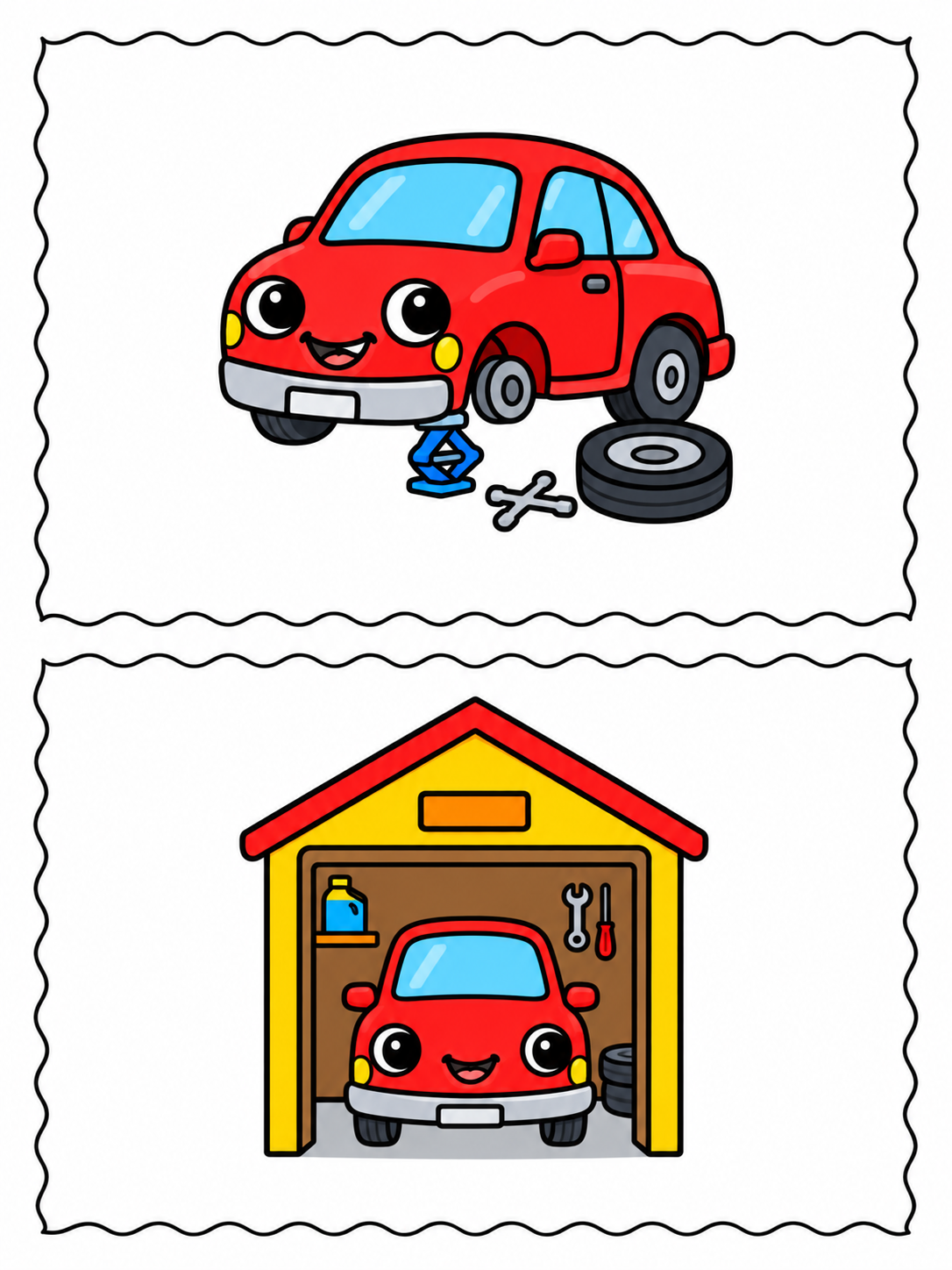 A children's cartoon illustration showing a red smiling car with a jack and tire in the top panel, and the same red car parked inside a yellow garage in the bottom panel.