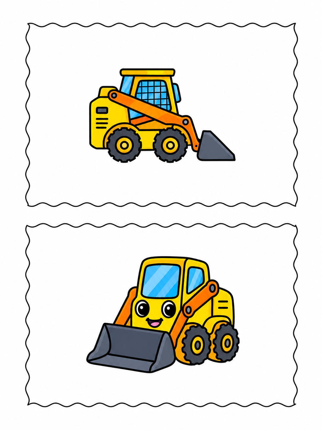 Two cartoon-style construction vehicle illustrations on a white background, each inside a wavy rectangular border. 