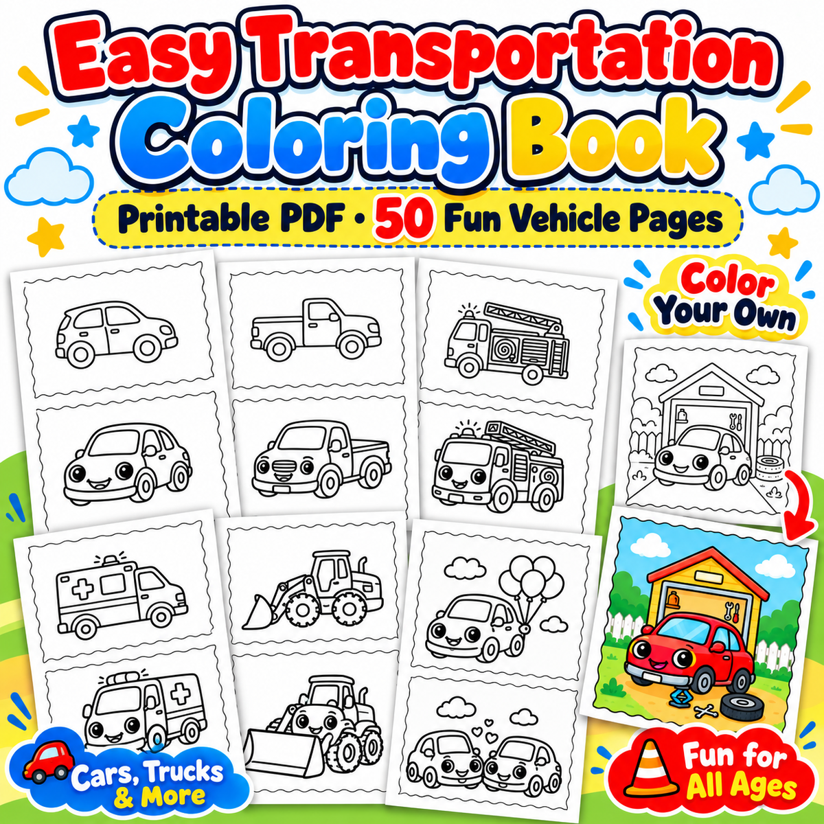Promotional graphic for an 'Easy Transportation Coloring Book' featuring black-and-white vehicle coloring pages 