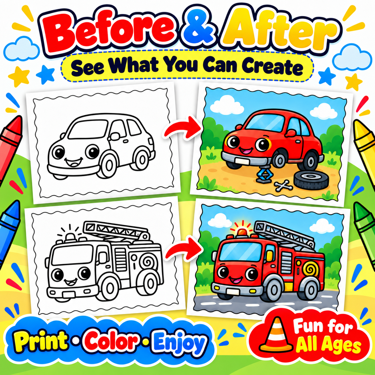 CMh Publishing activity poster titled 'Before & After' showing black-and-white car drawing templates that transform into colored cars with cartoon faces. 