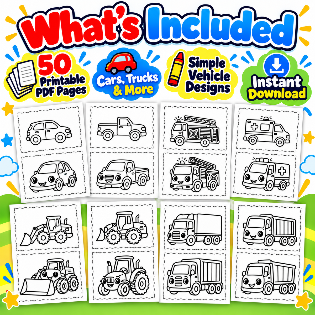 CMH Publishing graphic for a printable vehicle-themed PDF download, showing the title 'What's Included' and badges for '50 Printable PDF Pages,' 'Cars, Trucks & More,' 'Simple Vehicle Designs,' and 'Instant Download.' 