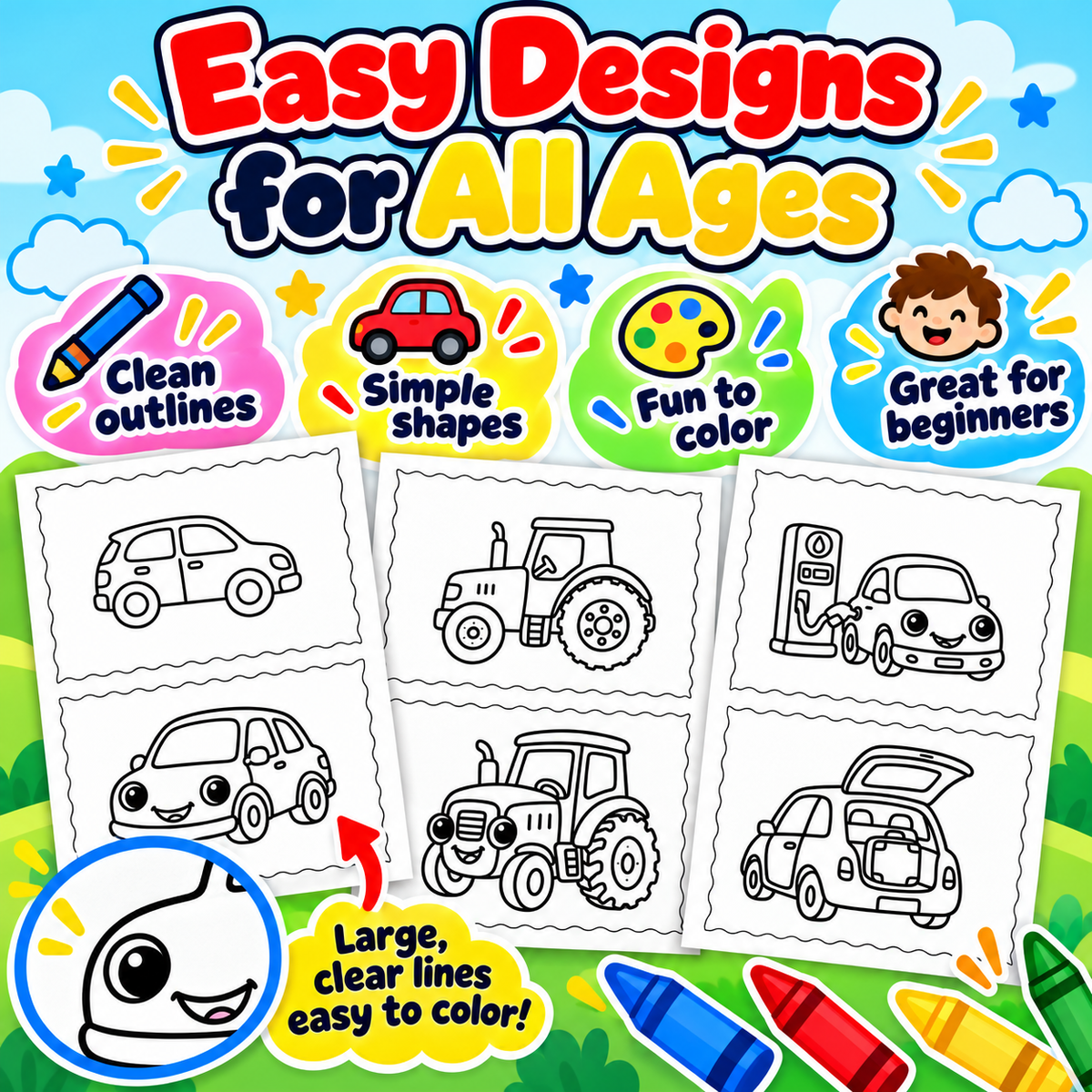 Promotional graphic for a children's coloring book or activity sheet set titled 'Easy Designs for All Ages.' 