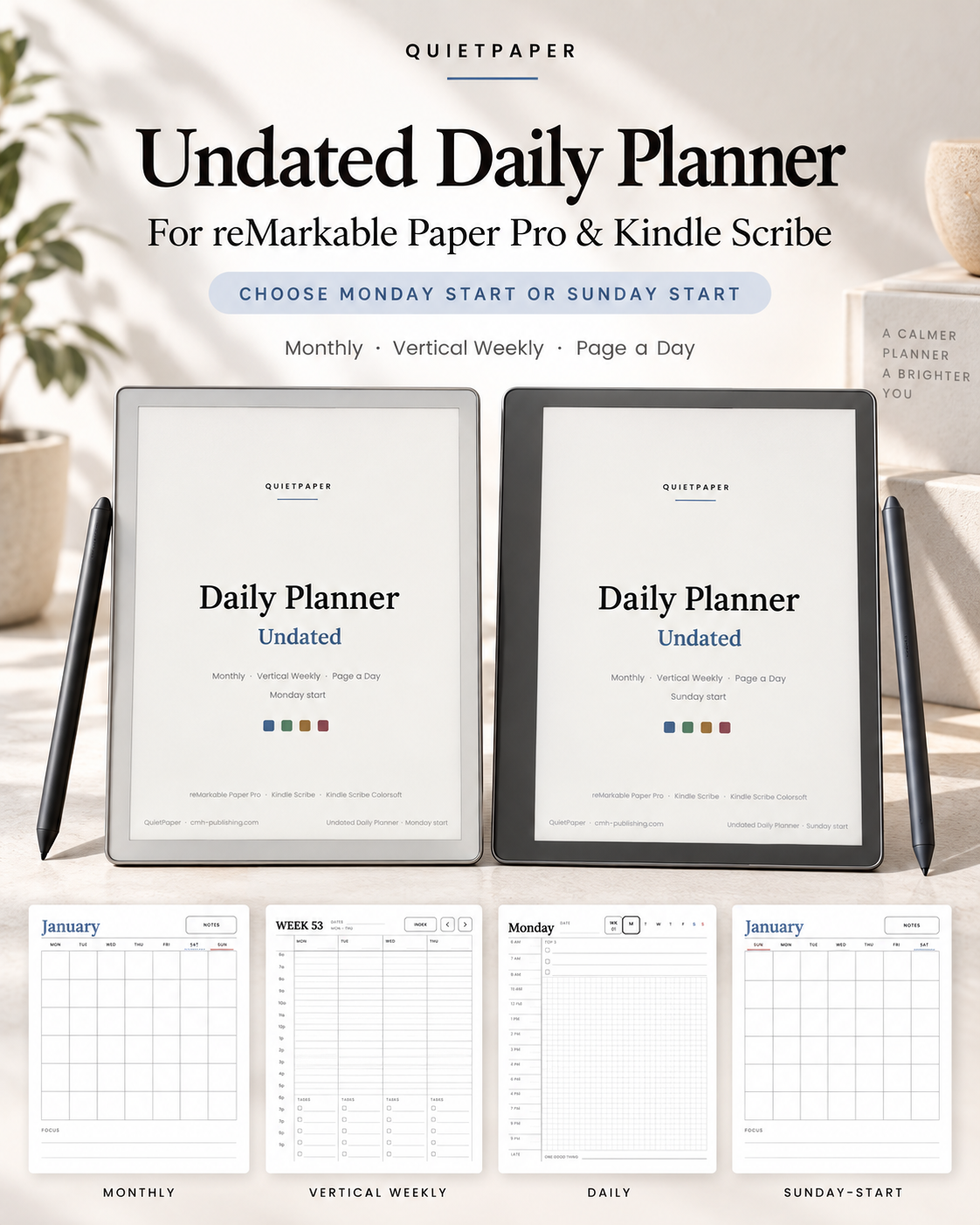 QuietPaper Undated Daily Planner, showing two e-readers displaying the planner cover and four sample page layouts below on a light neutral background.