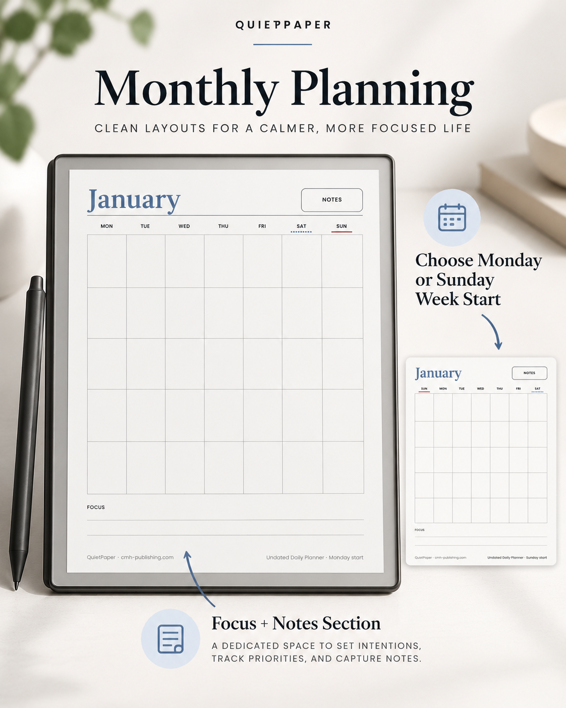 A digital monthly planner template shown on a tablet screen, with a smaller inset of the same layout. The design includes a clean grid for January, a notes section, and callout icons explaining features like choosing a Monday or Sunday week start and the focus notes area.
