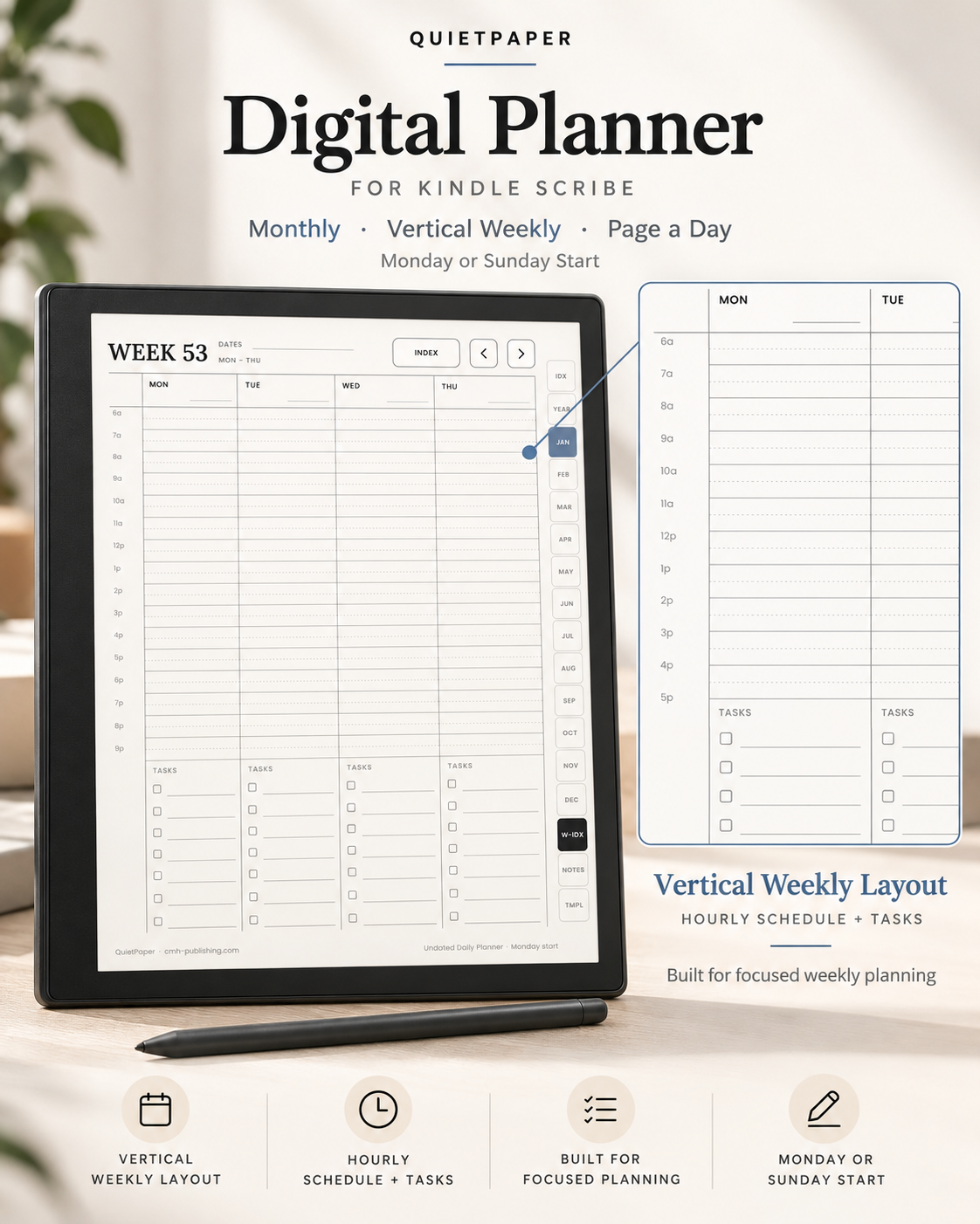 Digital planner template shown on a tablet screen with a stylus, labeled 'QuietPaper Digital Planner for Kindle Scribe,' with a vertical weekly layout and planner interface displayed on a light neutral background.