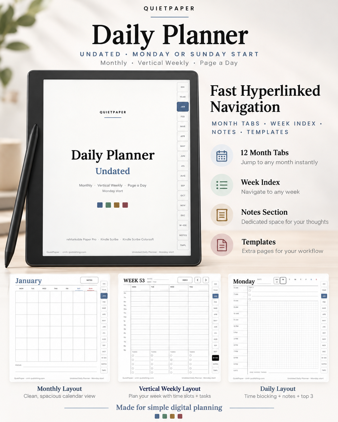 A digital preview of a QuietPaper Daily Planner template shown on a tablet screen, with feature callouts and layout previews for monthly, weekly, and daily views on a light neutral background.