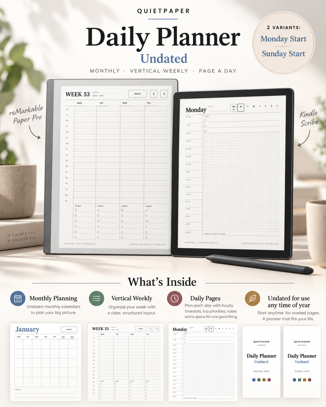 QuietPaper Daily Planner Undated and smaller feature callouts about weekly, monthly, vertical weekly, and page-a-day layouts. The image includes a circular badge noting two variants: Monday Start and Sunday Start.