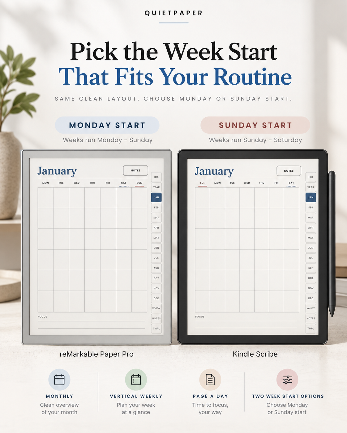 A promotional graphic for a weekly planner template shown on two devices: a silver reMarkable Paper Pro on the left and a black Kindle Scribe on the right. 