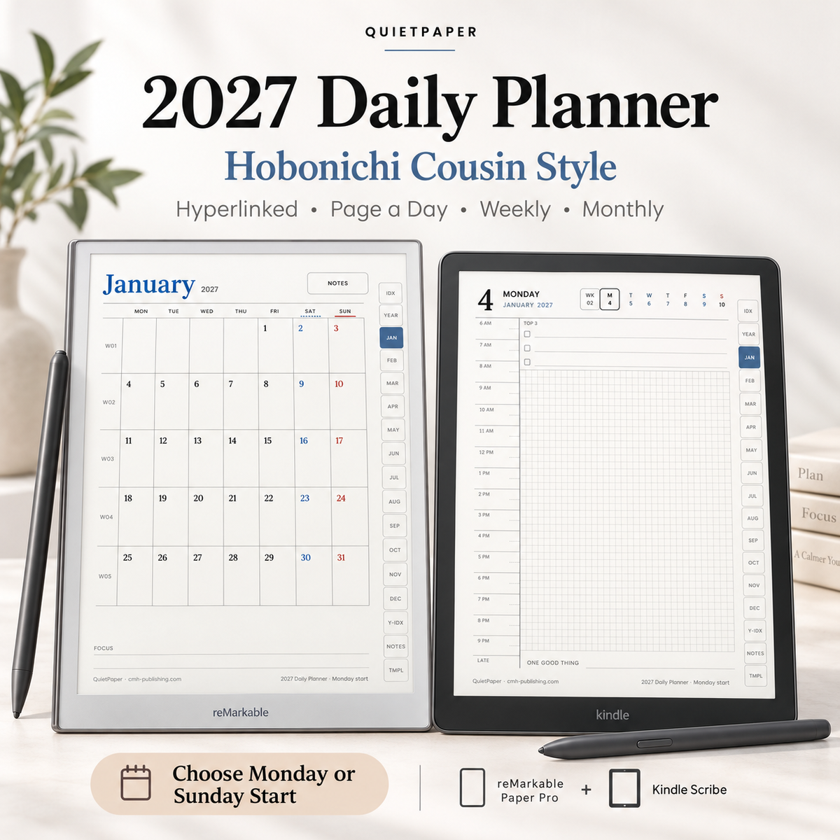 Two digital daily planners shown on tablet screens, one with a white bezel and one with a black bezel, labeled '2027 Daily Planner Hobonichi Cousin Style.'