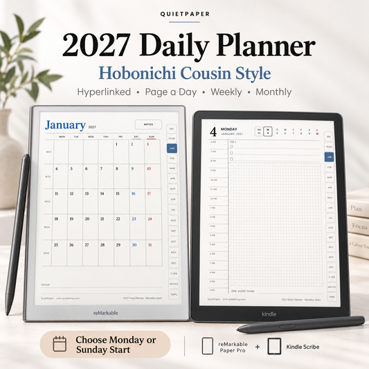 Two digital daily planners shown on tablet screens, one with a white bezel and one with a black bezel, labeled '2027 Daily Planner Hobonichi Cousin Style.'