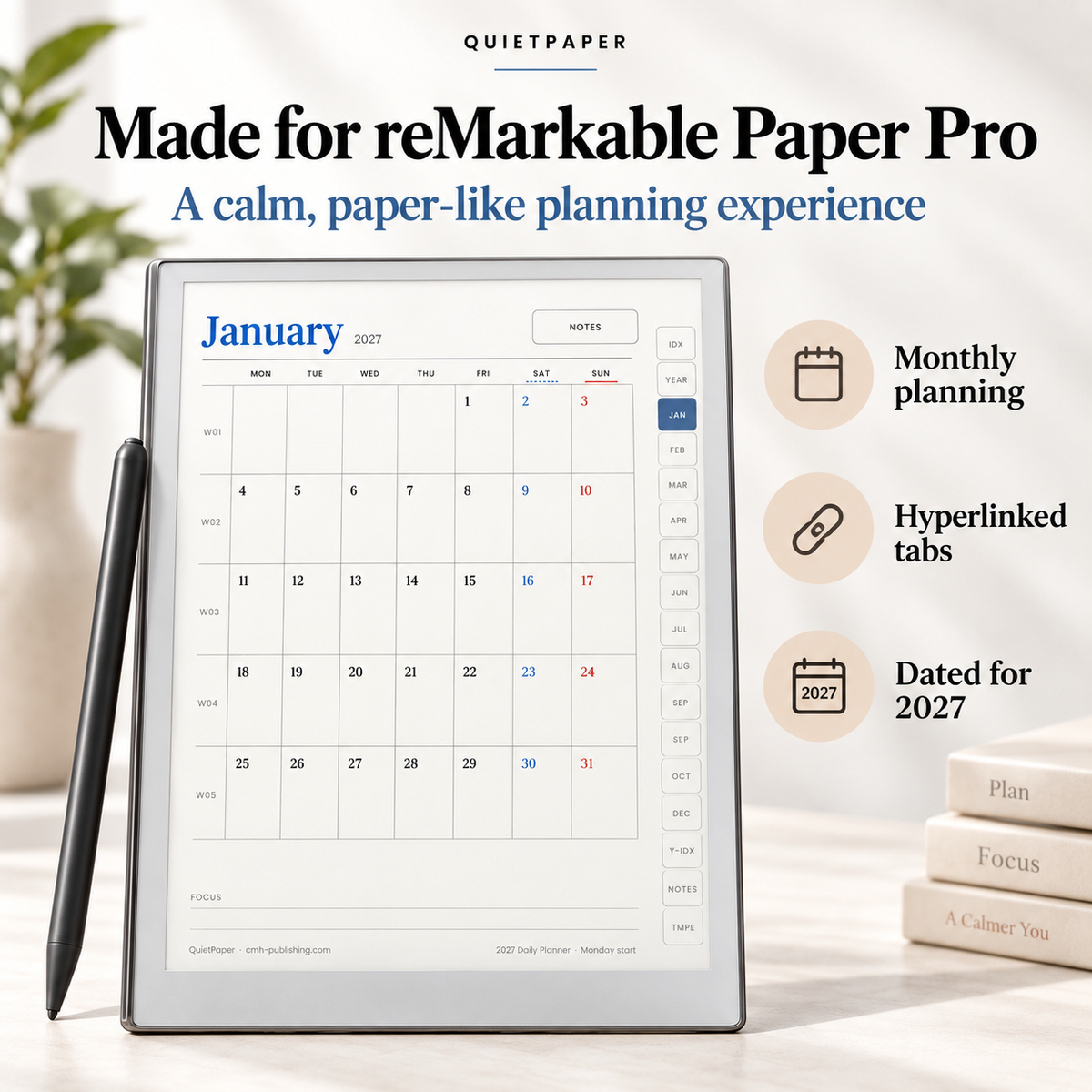 A QuietPaper digital planner displayed on a tablet screen, shown with a stylus beside it and marketing text on a light neutral background. The planner interface features a monthly calendar for January 2027 with notes sections and a sidebar menu.