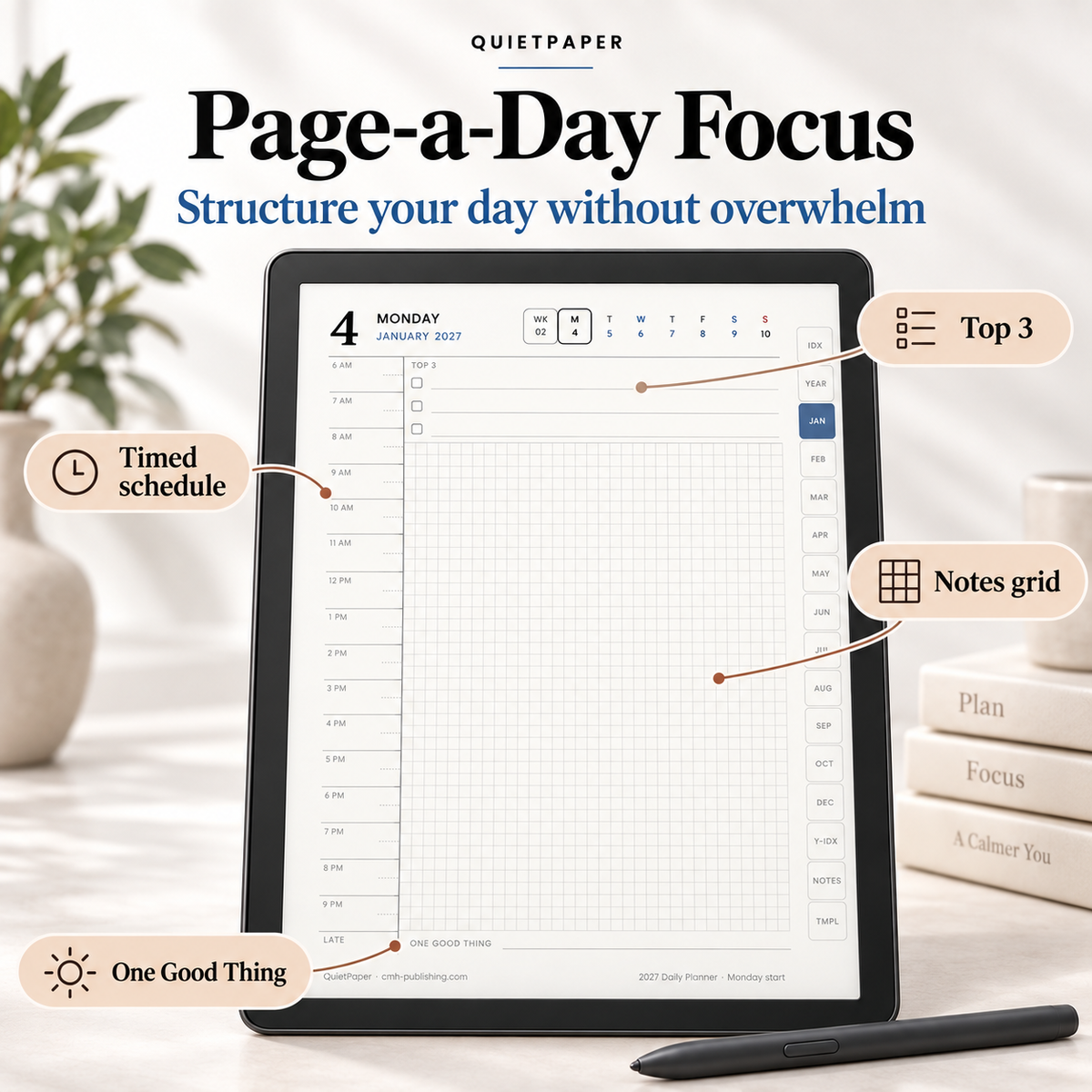 A tablet displaying a daily planner page with labeled callouts for timed schedule, top 3 goals, notes grid, and one good thing, shown on a light tabletop with a stylus and stacked books in the background. The brand name QuietPaper appears at the top.