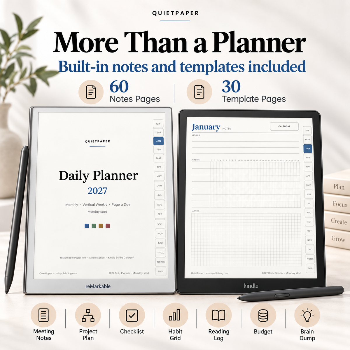 A QuietPaper digital planner bundle shown on two e-readers, with a stylus beside each device. Large text reads 'More Than a Planner' and 'Built-in notes and templates included,' with page counts of 60 notes pages and 30 template pages.