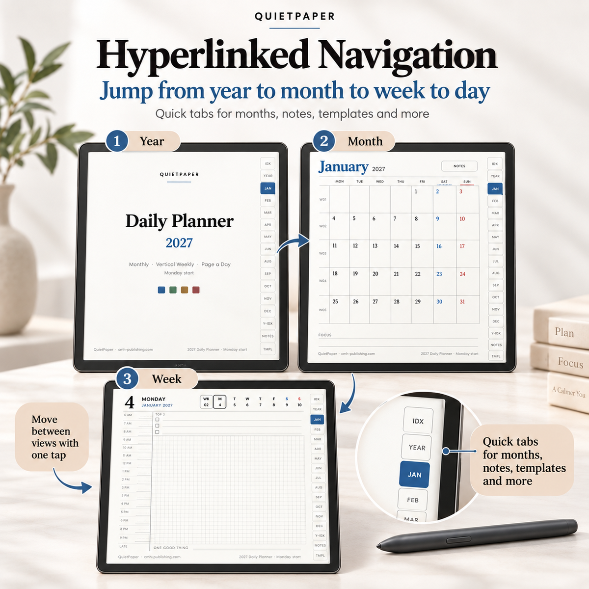 A tablet on a light surface showing the QuietPaper planner app interface with navigation labels for Year, Month, and Week. The image includes marketing text about hyperlinked navigation and includes a pen and stacked books as styled props.