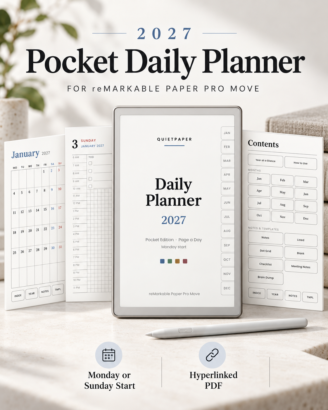 A promotional mockup for a 2027 Pocket Daily Planner showing the front cover, calendar page, contents page, and a tablet screen on a light tabletop with a stylus. Text at the top reads '2027 Pocket Daily Planner' and icons at the bottom mention Monday or Sunday start and hyperlinked PDF.