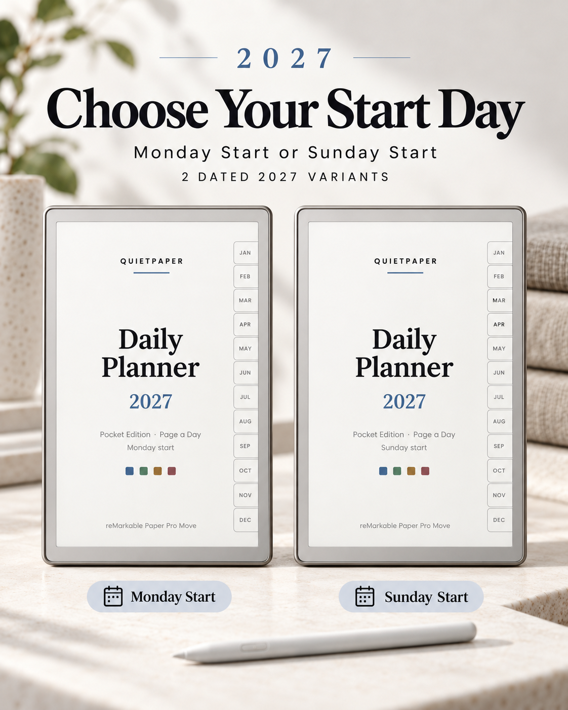 Two digital daily planner templates shown on tablet screens, labeled for Monday Start and Sunday Start options in 2027. 
