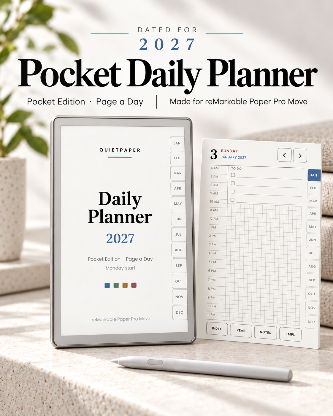 A 2027 Pocket Daily Planner shown on a tablet screen with a matching planner page and stylus on a light stone surface. The cover reads 'Dated for 2027 Pocket Daily Planner' and includes the QuietPaper branding.
