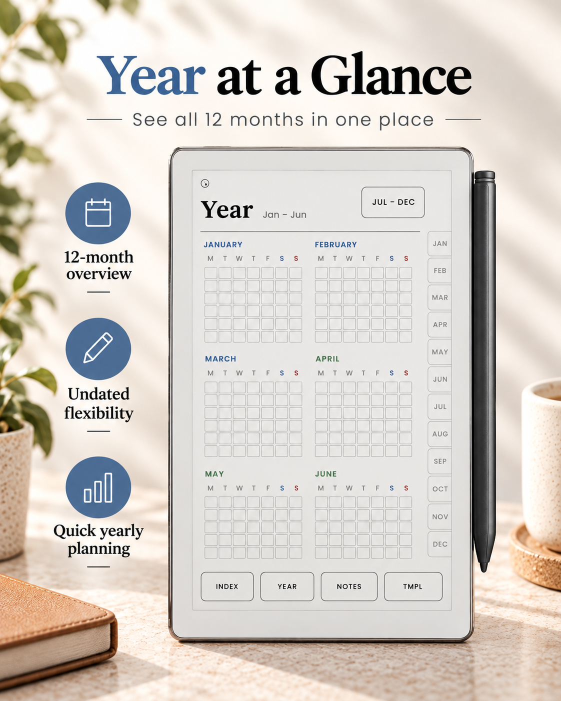 remarkable Paper Pro Move tablet displaying a yearly calendar overview with the headline 'Year at a Glance' and feature icons for 12-month overview, undated flexibility, and quick yearly planning. The scene is styled on a tabletop with a pen, books, and a mug in soft natural lighting.